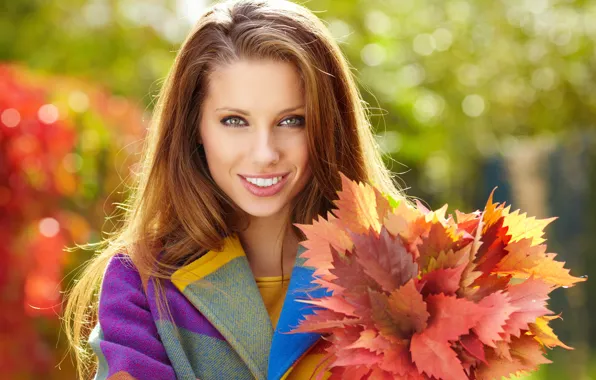 Autumn, leaves, the sun, glare, model, portrait, bouquet, makeup