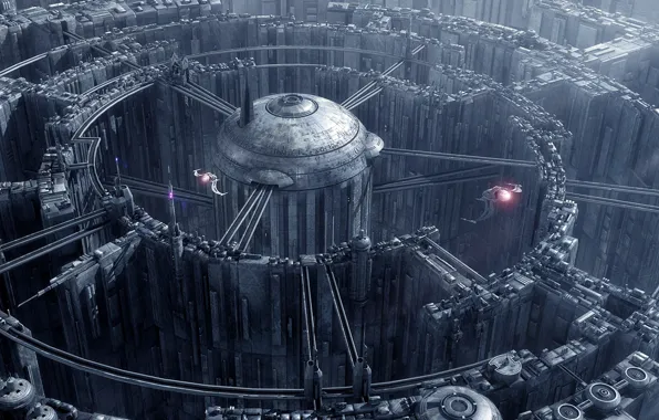 City, labyrinth, spaceships, towers