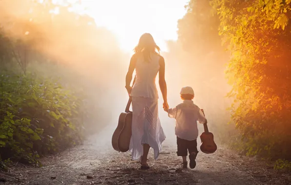 Picture road, the way, guitar, boy, morning, mom, son