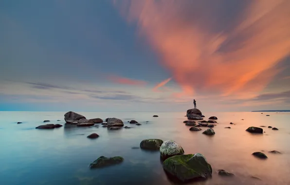 Picture sea, the sky, girl, clouds, sunset, stones, morning, figure