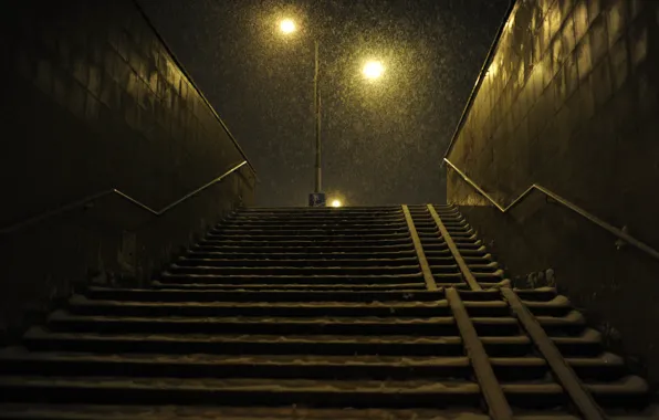 Winter, snow, night, metro, Moscow, steps, output