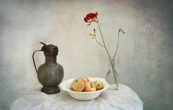 Picture flower, apples, pitcher, still life