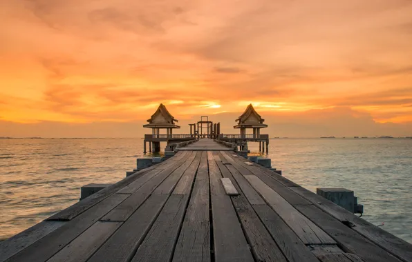 Sea, the sky, clouds, sunset, Board, pier, pierce