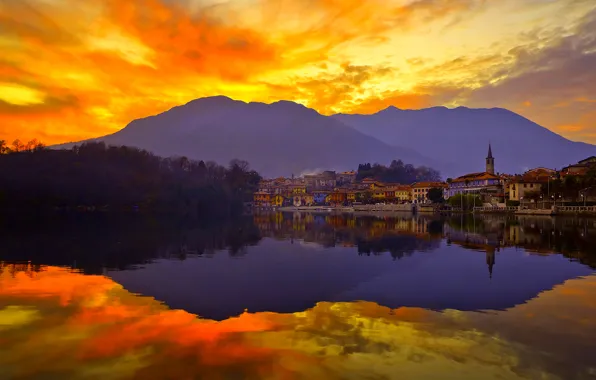 The sky, sunset, mountains, the city, lake, reflection