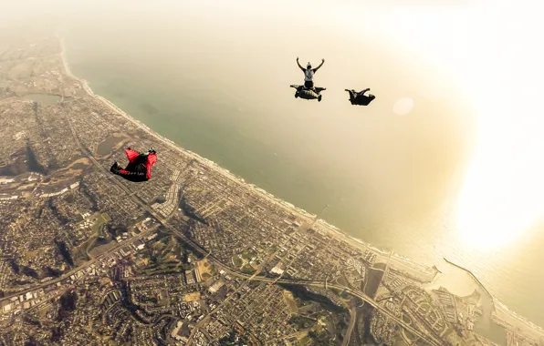 Picture sea, beach, the sun, the city, parachute, container, pilots, skydivers