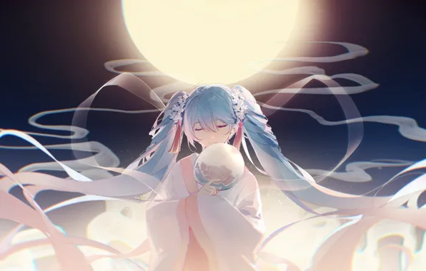 The sky, girl, night, the moon, fan, Hatsune Miku, Vocaloid, traditional clothing