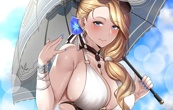 Girl, sexy, cleavage, long hair, boobs, umbrella, anime, blue eyes