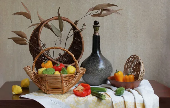 Still life, vegetables, the dried flowers, baskets, decanter