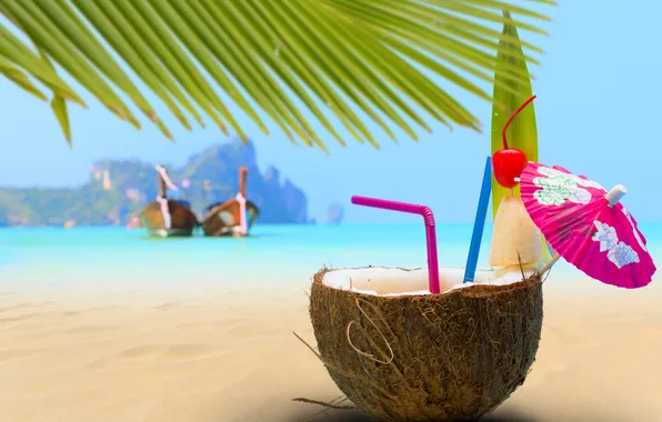 Picture sea, beach, palm trees, umbrella, boats, cocktail, tube, tropic