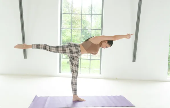 Girl, pose, yoga, Mat, stand