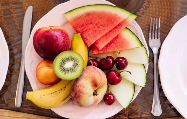 Watermelon, kiwi, fruit, banana, peach, cherry, melon, nectarine