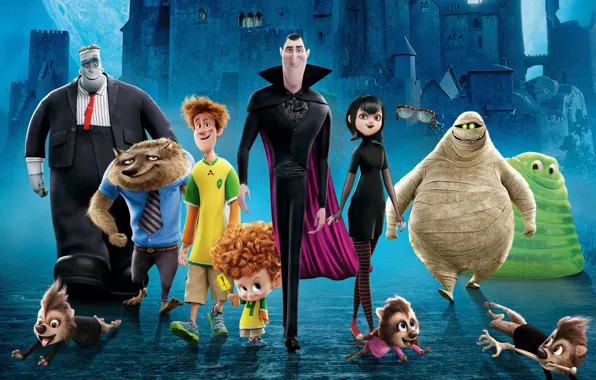 Picture night, bridge, castle, cartoon, characters, Hotel Transylvania 2, Transylvania 2