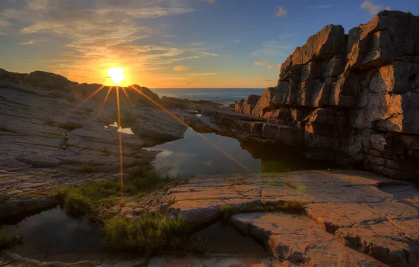 Sea, the sun, rays, sunset, stones, rocks