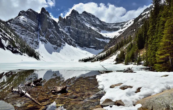 Nature, Winter, Reflection, Mountains, Rocks, Lake, Snow, Shore