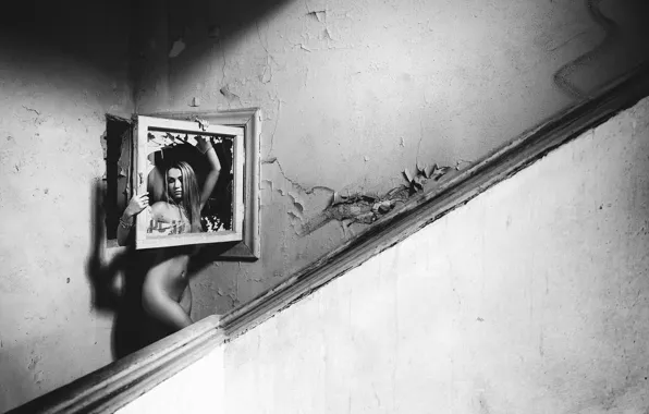 Glass, girl, pose, wall, model, naked, body, frame
