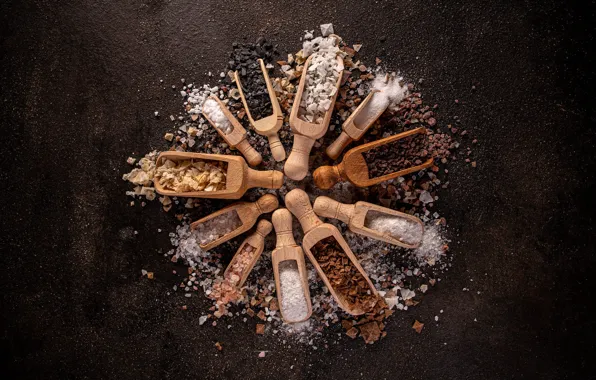 Board, placer, different, composition, spices, salt, seasoning, scoops