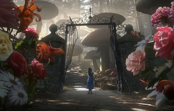 Flowers, Gate, Alice in Wonderland, Tim Burton