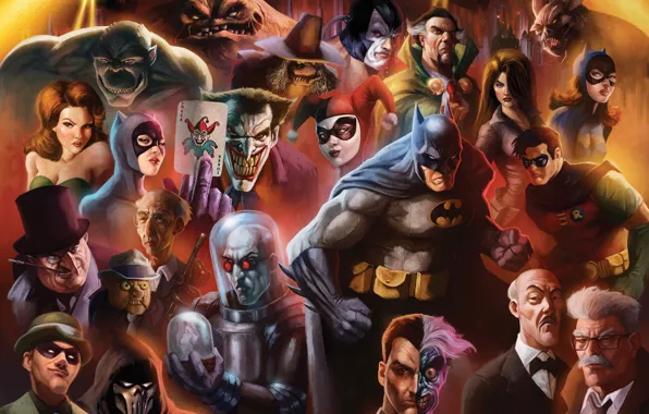 Picture art, Batman, characters, Cat woman, Penguin, DC Comics, Robin, Poison Ivy