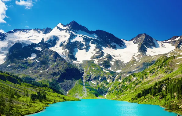 Snow, mountains, lake