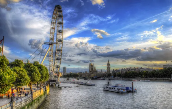 Picture the sky, clouds, trees, Park, river, people, London, wheel