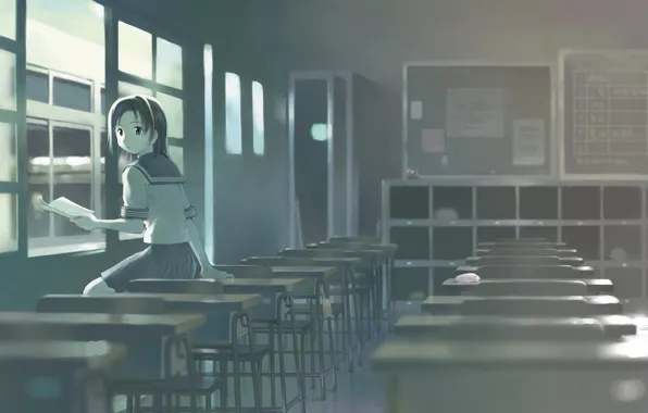 Girl, window, class, desks, titrate