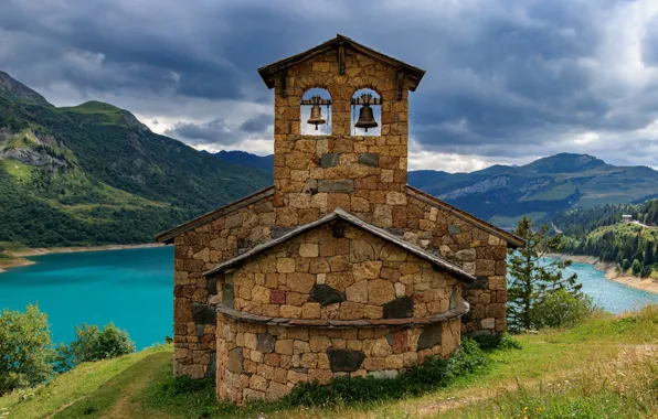 Picture mountains, lake, France, chapel, bell, Savoie, Beaufort