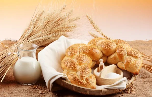 Picture wheat, grain, milk, bread, ears, pitcher, sesame, flour