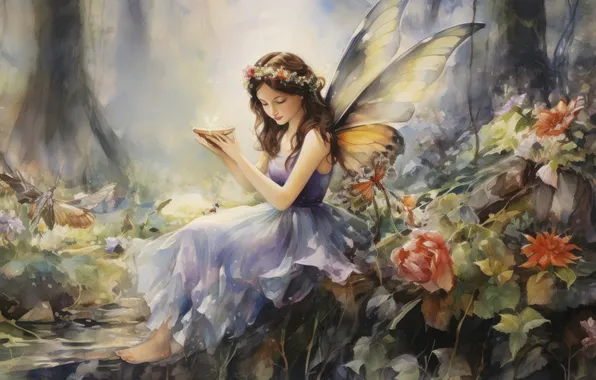 Girl, wings, fairy, fantasy, elf, imitation painting, AI art, neural network