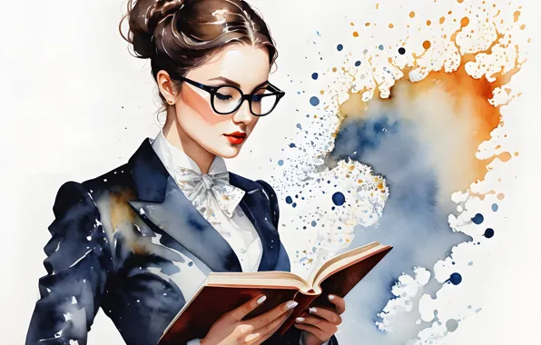 Girl, glasses, white background, book, blots, form, painting, student