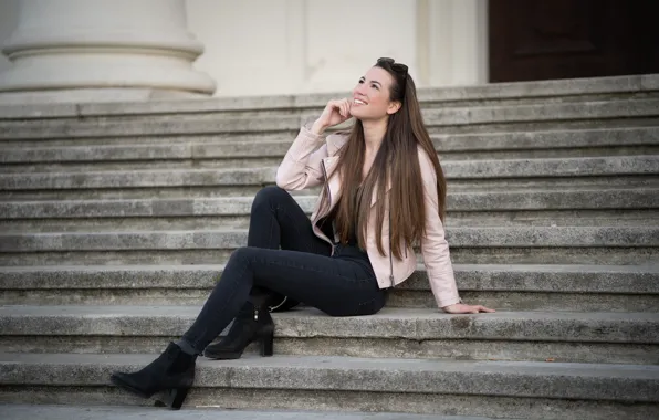 Girl, smile, steps, sitting, Julia