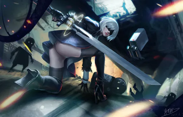 Girl, Figure, Sword, Android, Art, Nier, Illustration, Characters