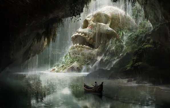 Picture boat, skull, art, fantasy, journey, Quentin Mabille, Skull Cave