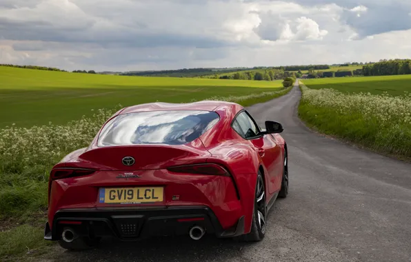 Picture road, red, field, coupe, Toyota, rear view, Supra, the fifth generation