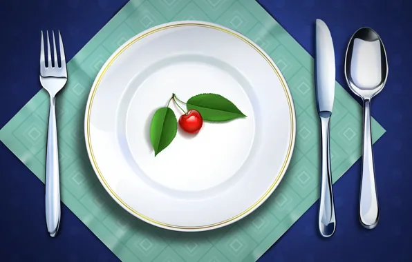 Picture cherry, vector, plate, spoon, knife, plug