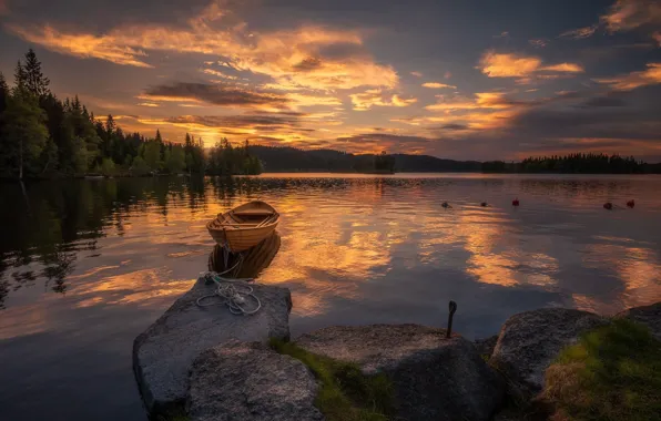 Sunset, lake, boat, rope