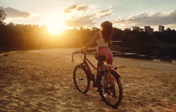 Picture sand, girl, sunset, bike, shorts, Mike, Alexander Skripnikov