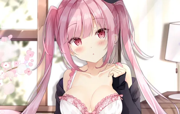 Girl, sexy, lingerie, bra, cleavage, pink hair, long hair, boobs