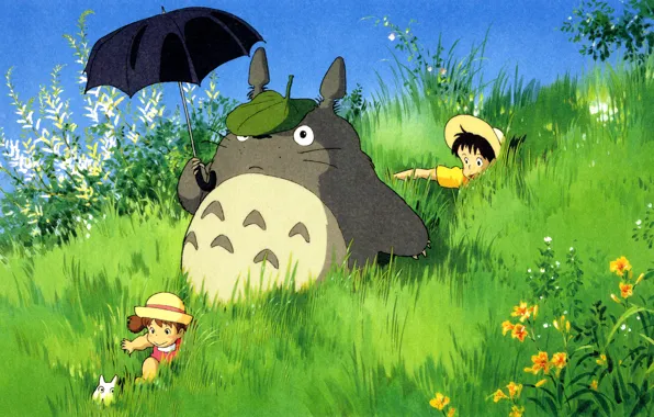 Summer, grass, children, hat, being, umbrella, walk, my neighbor Totoro