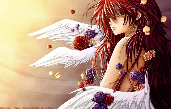 Picture girl, roses, wings, anime