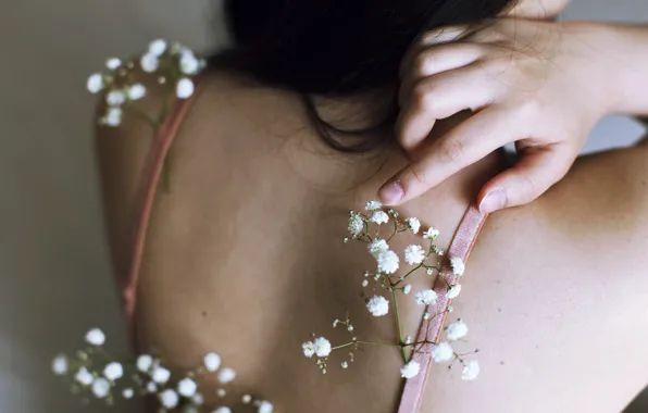 Picture girl, back, flowers, gypsophila