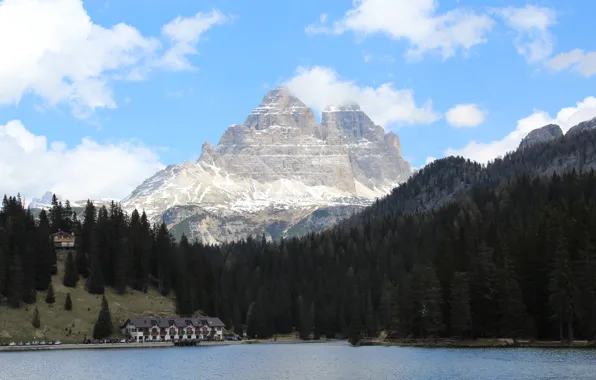 Forest, water, snow, landscape, lake, mountain, home, Alps