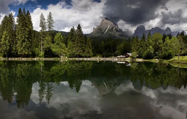 Forest, clouds, landscape, mountains, nature, lake, Italy, cottage