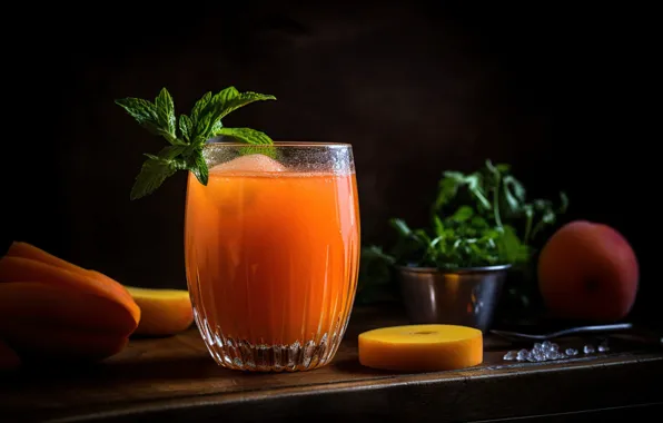 Glass, table, glass, ice, juice, cocktail, fruit, black background