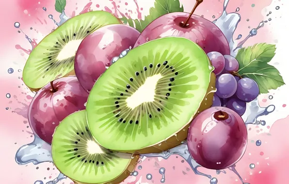 Apples, kiwi, grapes, fruit, plum, imitation of watercolor, AI art, neural network
