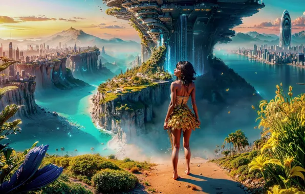 Girl, the city, future, building, beauty, blue water, digital art, other worlds