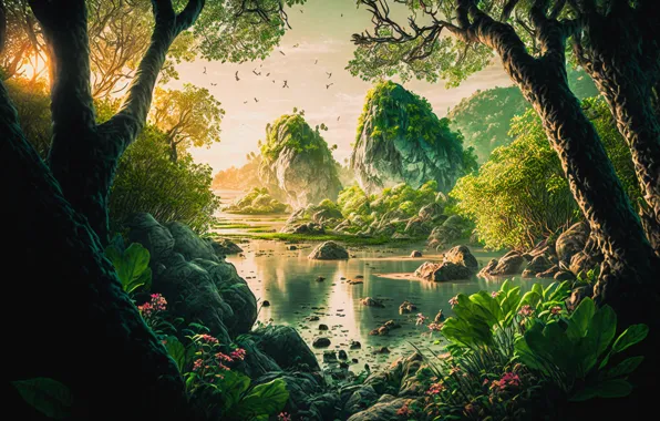 Greens, forest, summer, light, trees, landscape, flowers, nature