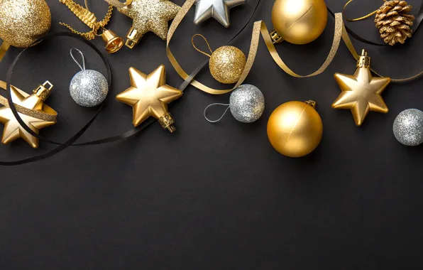 Picture decoration, gold, balls, New Year, Christmas, golden, black background, black