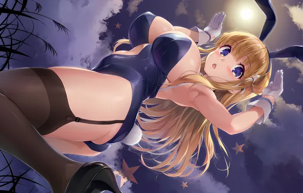 Girl, moon, grass, sexy, ass, cleavage, thighhighs, erect nipples