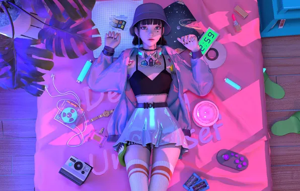 Pink, the game, watch, neon, anime, lipstick, bed, sneaker