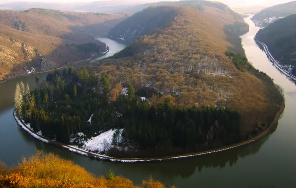 Snow, river, Germany, curves, Europe, broom, Saar